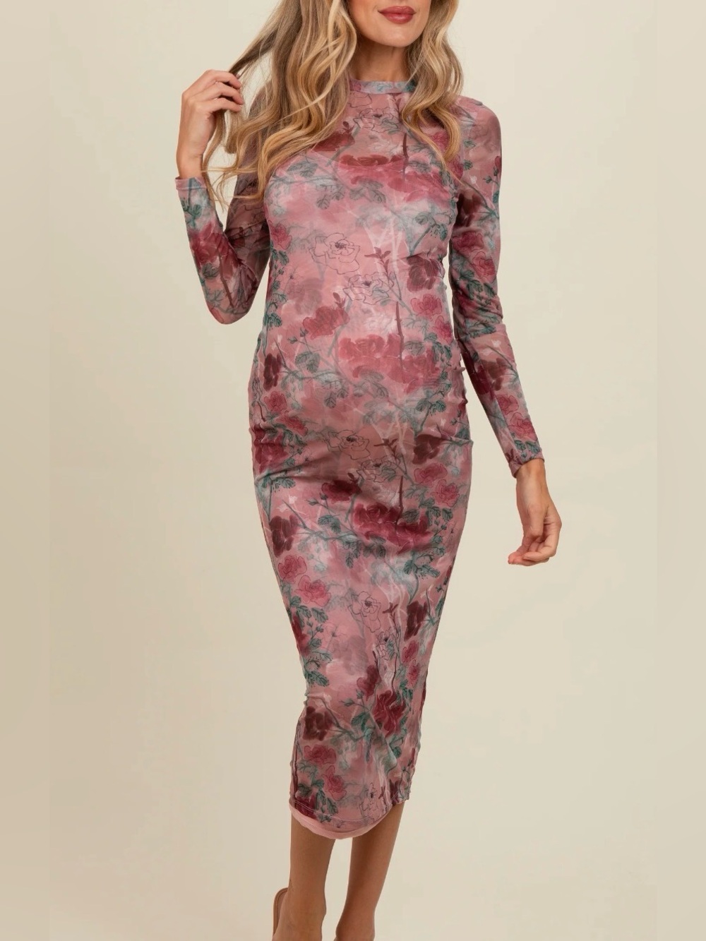 Mauve Floral Printed Mesh Overlay Maternity Maxi Dress